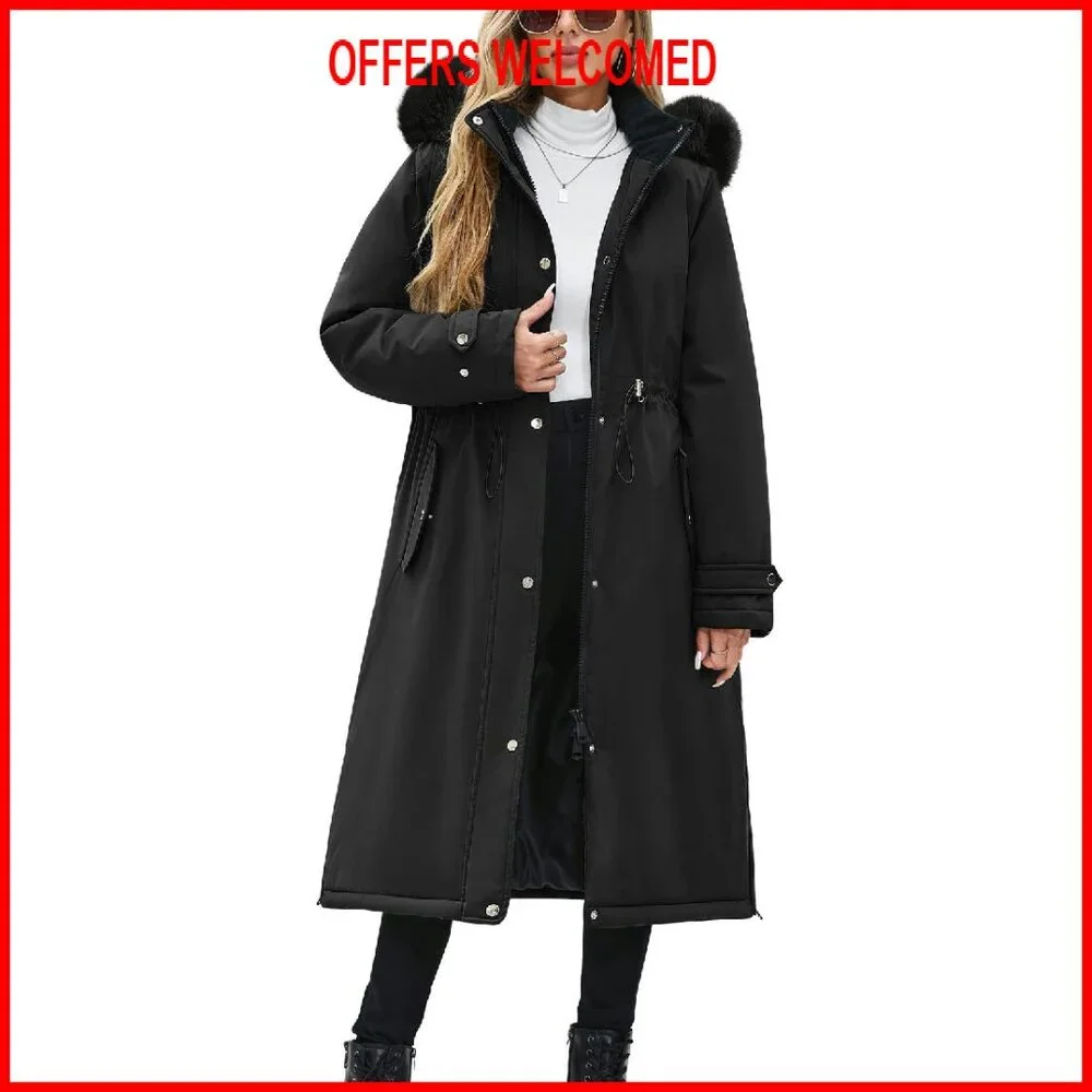 Long Puffer Winter Coat with Removable Fur Hood, Windproof Fleece Lining - Picture 1 of 8